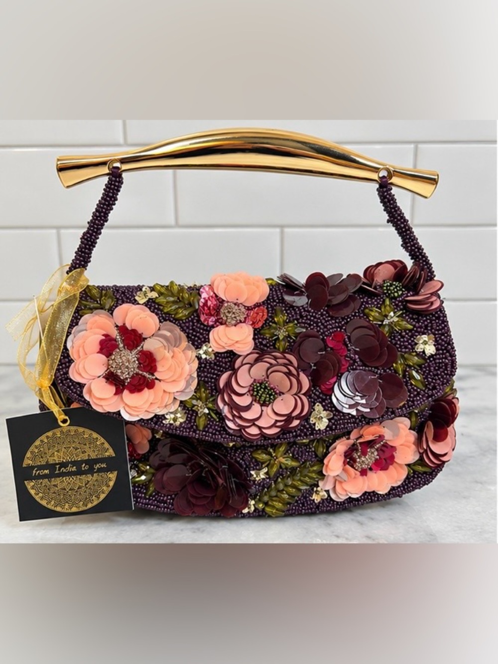 New Release Made In India Floral Beaded Sequin Bag Gold Tone Top Handle NWT